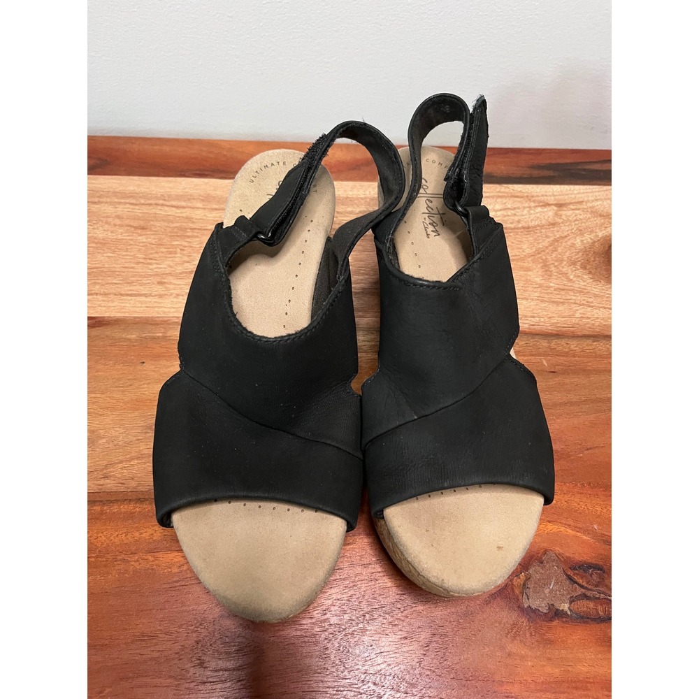 Clarks Collection Black Leather Cork Wedge Sandals Women 9 Ultimate Comfort